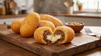 Carimañolas doradas y humeantes sobre tabla de madera; una abierta revela queso derretido y carne. Salsa y un tenedor se ven al fondo.