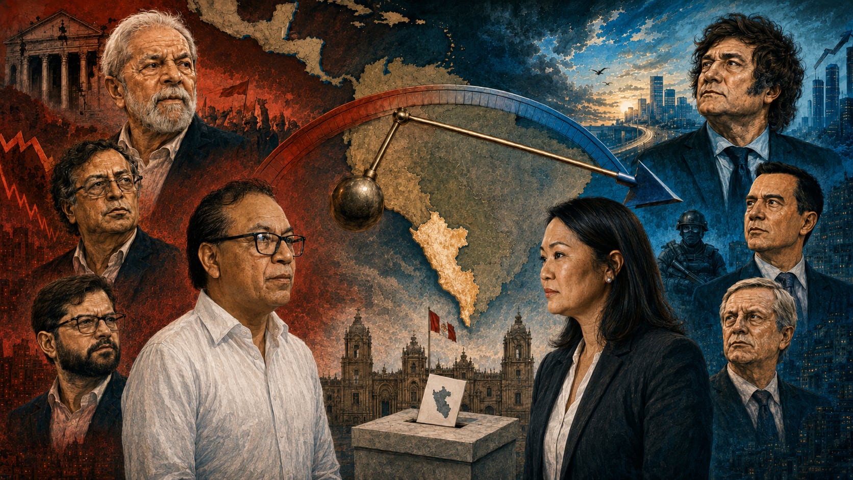 Representantes de fuerzas políticas de izquierda y derecha, como Keiko Fujimori y Roberto Sánchez, simbolizan el cambiante panorama de América Latina (Imagen Ilustrativa Infobae)