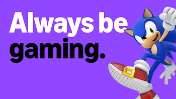 Sonic el Erizo levantando el puño sobre un fondo morado junto al texto Always be gaming escrito en blanco y negro