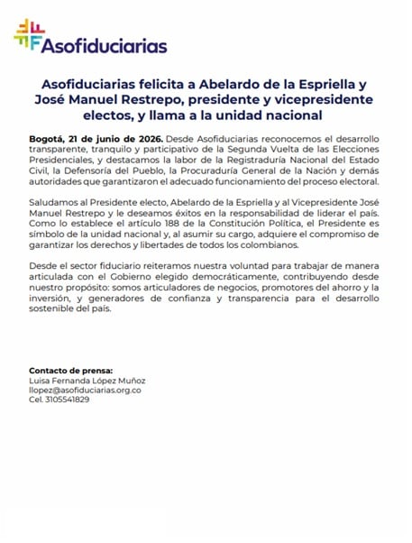 Asofiduciarias hizo un llamado a la unidad nacional - crédito Asofiduciarias