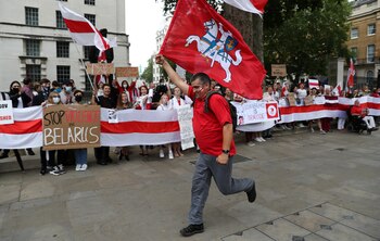 Un manifestante sostiene una bandera