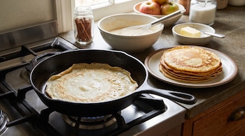 Panqueque cocinándose en sartén sobre estufa, pila de panqueques, bol con masa y batidor, manteca, manzanas, canela en rama sobre mesada de cocina.