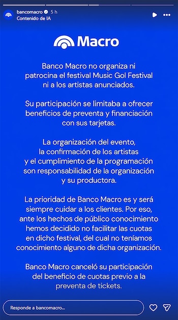 Un comunicado digital de Banco Macro sobre fondo azul explica que la entidad no patrocina ni organiza el Music Gol Festival