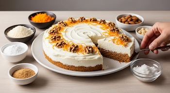 Pastel de zanahoria sin horno con glaseado blanco, nueces y ralladura, una porción siendo servida. Cuencos con zanahoria rallada, harina de almendras y proteína.