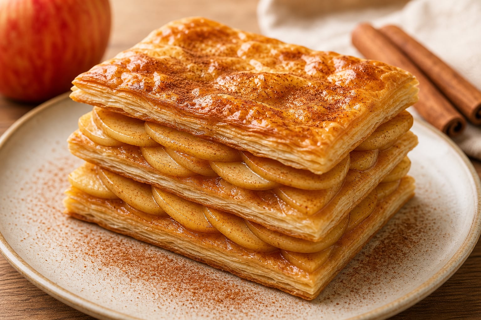Un milhojas de manzana y canela combina capas de hojaldre horneado con fruta laminada sobre un plato espolvoreado. (Imagen Ilustrativa Infobae)