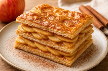 Milhojas de hojaldre y manzana con canela en polvo sobre un plato, acompañado por manzanas enteras y ramas de canela.