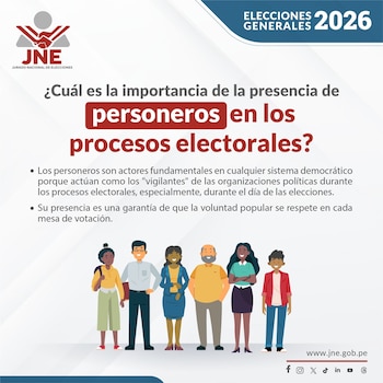 Infografía con el logotipo del Jurado Nacional de Elecciones, texto informativo sobre los personeros y la ilustración de seis ciudadanos de pie