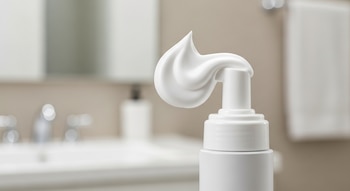 Espuma blanca con textura abundante y ligera saliendo de un envase cosmético sobre un fondo de baño desenfocado.