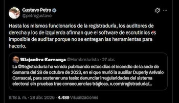 El presidente aseguró que el software de escrutinios “es imposible de auditar” por falta de herramientas, citando actas oficiales de la Registraduría - crédito Gustavo Petro/X