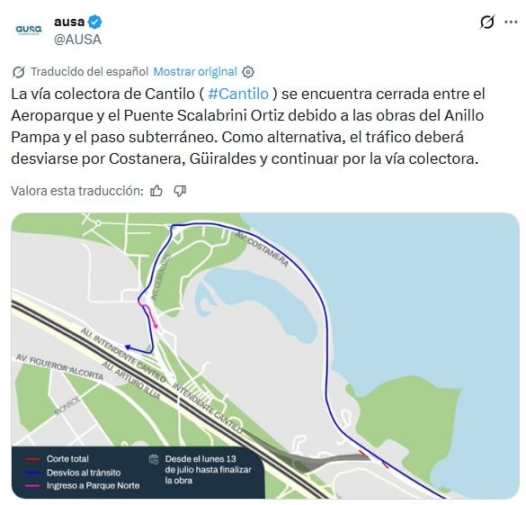 AUSA informó las rutas alternativas por el cierre de una parte de la coletora de la avenida Cantilo por la construcción del Anillo Pampa (AUSA)