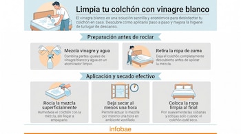 Infografía detallada con ilustraciones que guían sobre cómo limpiar y desinfectar un colchón utilizando vinagre blanco.