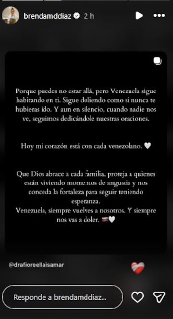 Pantalla de móvil con publicación de Instagram de Brenda Díaz, texto de apoyo a Venezuela, bandera venezolana y un icono de corazón