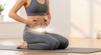 Mujer arrodillada sobre un tapete oscuro, con top y leggings grises, sus manos tocan el abdomen bajo. Una luz irradia de la zona pélvica.