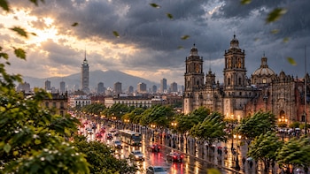 Avenida con tráfico y árboles junto a la Catedral Metropolitana, con la Torre Latinoamericana y montañas bajo un cielo nublado