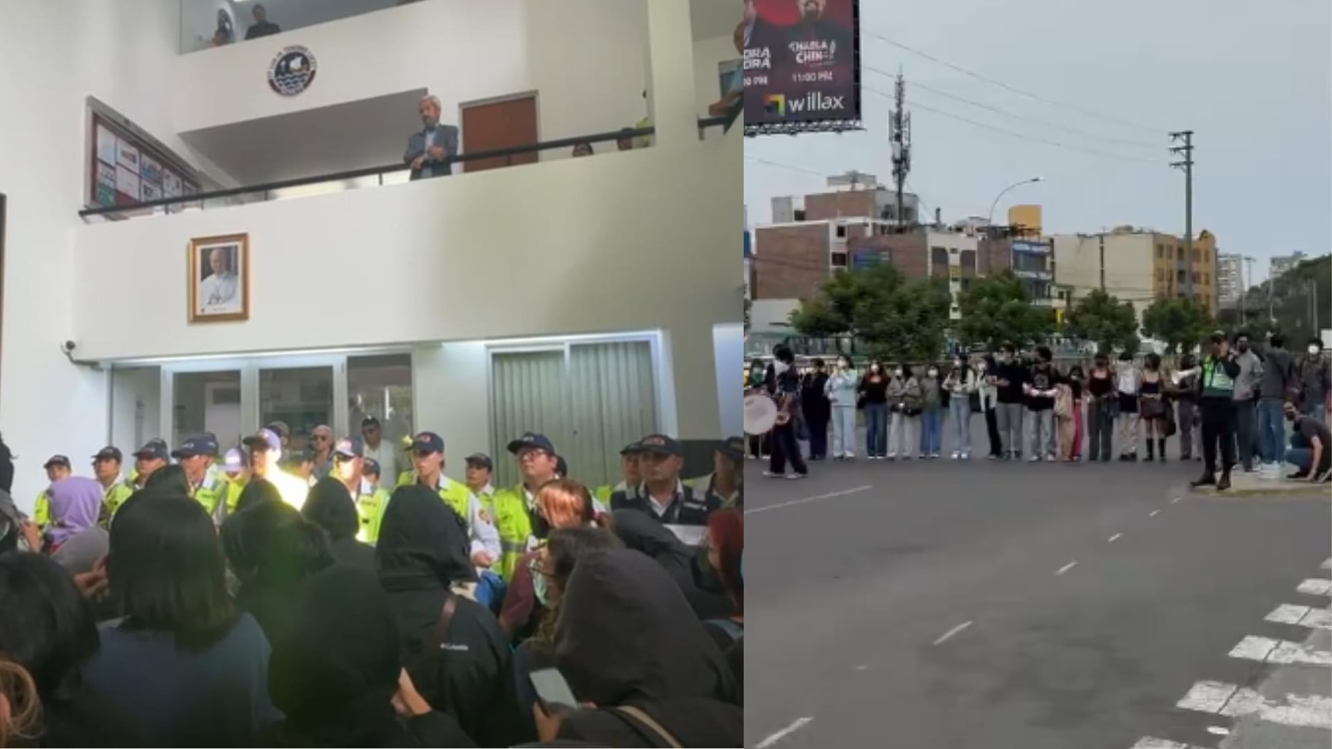 Estudiantes de la PUCP realizaron protestas en San Miguel contra el nuevo sistema de pensiones para ingresantes desde 2027. (Composición: Infobae / redes sociales)
