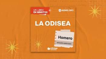 Carátula de audiolibro naranja con el título "La Odisea", "Homero" y "versión abreviada". Incluye logos "Un libro en minutos", "Audiolibro" e "Infobae Ediciones".
