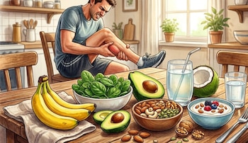 Un hombre con dolor en la pantorrilla sentado frente a una mesa con un desayuno de plátanos Saba, espinacas, aguacates, frutos secos, yogur con bayas y bebidas