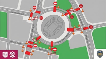 Ilustración de mapa simplificado del Estadio Azteca y sus alrededores con vías bloqueadas por conos naranjas y señales de prohibido el paso. Incluye logos de CDMX y SSC.