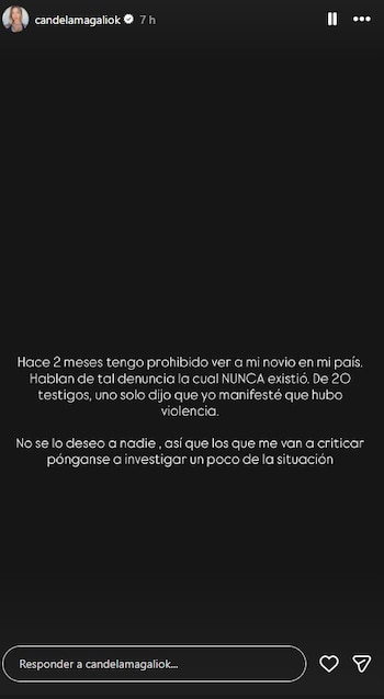 Captura de pantalla de una historia de Instagram con texto en blanco sobre fondo negro de la cuenta candelamagaliok