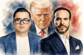 Ilustración en acuarela con Beto Coral a la izquierda, Abelardo de la Espriella a la derecha y Donald Trump al centro del fondo.