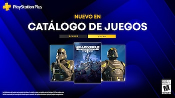 Fondo azul con título 'NUEVO EN CATÁLOGO DE JUEGOS'. Caja de videojuego Helldivers II, dos figuras con armadura futurista. Logo PlayStation Plus y calificación ESRB