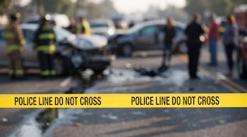 Cinta amarilla con texto "POLICE LINE DO NOT CROSS" en primer plano; al fondo, un accidente de tránsito con dos vehículos y varias personas borrosas.