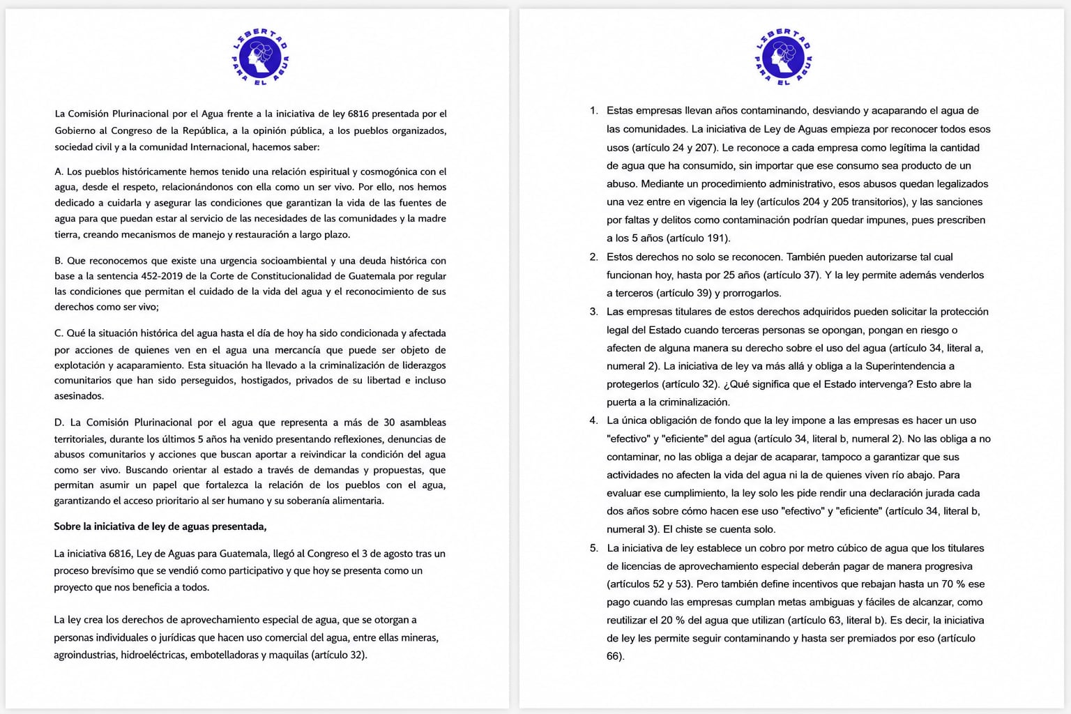 La Comisión Plurinacional por el Agua de Guatemala expone sus observaciones respecto a la iniciativa de ley 6816 sobre el uso de recursos hídricos en el país. (Imagen Ilustrativa Infobae)