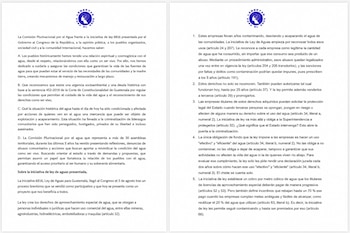 Un documento impreso de dos páginas dispuestas lado a lado con el logotipo circular de Libertad para el Agua en el encabezado de cada hoja.