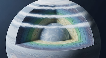 Ilustración científica de un planeta gaseoso con un corte transversal que muestra varias capas atmosféricas de colores fríos y sutiles, y bandas de nubes blancas flotando.