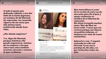 Tres capturas de historias de Instagram con texto negro sobre fondo rosa y una foto central de dos mujeres con carteles contra el acoso.