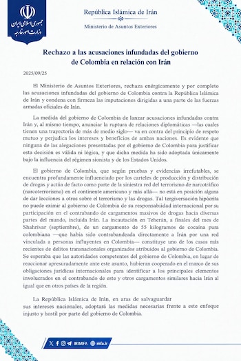 El Gobierno iraní acusó a Colombia de tener vínculos con redes de narcotráfico y mencionó la incautación en Teherán de un cargamento de 55 kilogramos de cocaína que, según su comunicado, procedía de Colombia - crédito Ministerio de Asuntos Exteriores de Irán