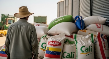Un agricultor con sombrero de paja y camisa gris, visto de espaldas, está parado frente a una enorme pila de sacos de arroz Mary y Cali. Al fondo, silos metálicos y maquinaria agrícola.