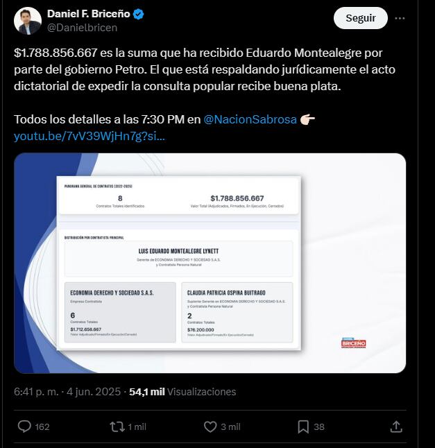 El concejal Daniel Briceño aseguró que el exmagistrado obtuvo más de $1.000.000.000 en contratos con Rtvc y la aseguradora Positiva - crédito @Danielbricen/X