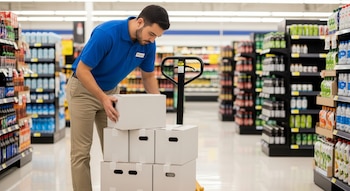 Un empleado masculino de supermercado con uniforme azul y pantalones caqui, agachado y revisando cajas de cartón sin marca sobre un montacargas en un pasillo de bebidas.