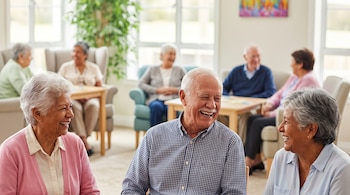 Grupo de seis adultos mayores sentados en un salón. Dos mujeres y un hombre ríen en primer plano. Ventanas, plantas y cuadros decoran el lugar.