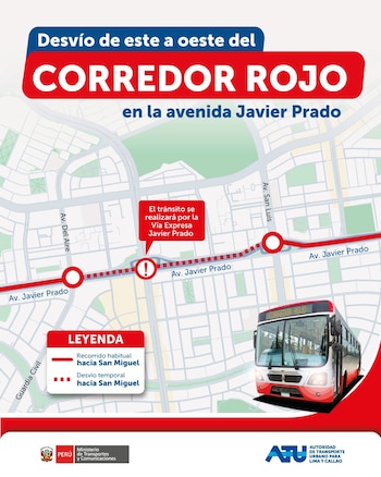Infografía de mapa urbano con ruta de autobús roja, línea de desvío punteada, icono de exclamación, señal de tránsito con texto y bus del Corredor Rojo