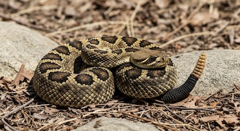 Una serpiente de cascabel occidental enroscada sobre rocas y tierra, con su patrón de escamas visible y la cola con cascabel levantada.