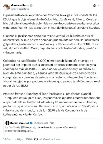 El primer mensaje del mandatario colombiano recordó el asesinato del padre de Coral, el capitán de la Policía Nacional Humberto Coral, que integró el Bloque de Búsqueda que dio con la caída del narco Pablo Escobar - crédito @petrogustavo/X