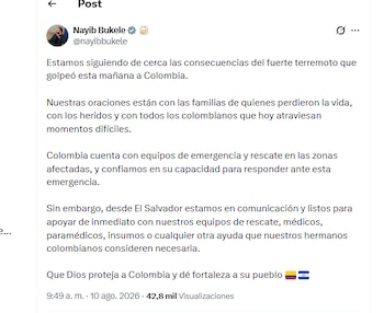 El presidente salvadoreño se solidarizó con el pueblo colombiano y expresó su apoyo logístico y humanitario-.