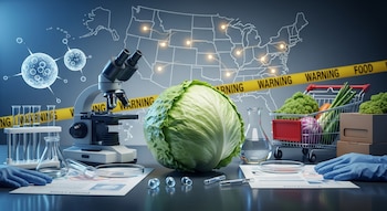 Lechuga iceberg, microscopio, tubos de ensayo, placas de Petri, guantes de laboratorio, documentos, mapa de Estados Unidos, parásitos, cinta de advertencia, carrito y verduras.