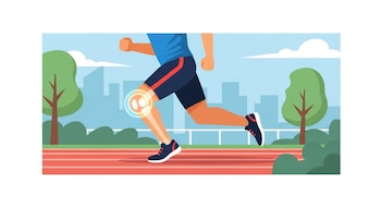 Ilustración de un corredor en movimiento sobre una pista de atletismo, con una rodilla destacada por un halo luminoso. Al fondo, árboles y edificios urbanos.