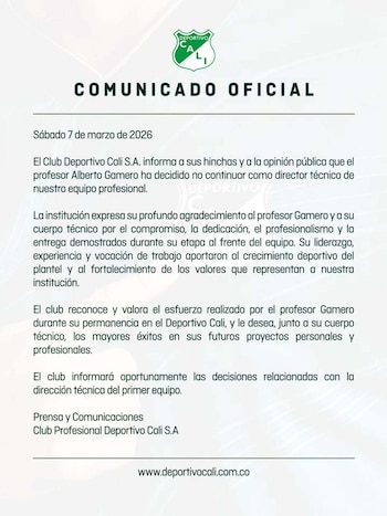 El comunicado del Deportivo Cali