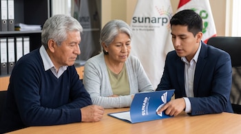Un funcionario en traje señala una carpeta azul de la Sunarp frente a un hombre y una mujer mayores sentados a una mesa.