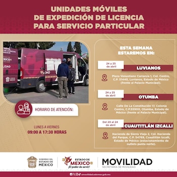 Unidades móviles esta semana para tramitar la licencia de conducir en el Edomex (X@SEMOV_Edomex)