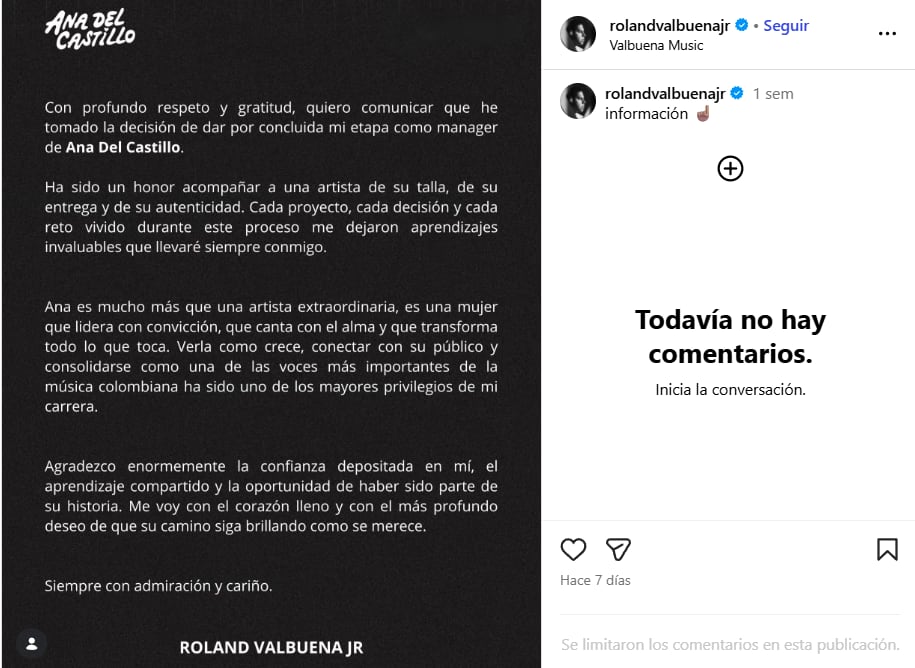 Roland Valbuena confirmó que dejó de ser mánager de Ana del Castillo - crédito @rolandvalbuenajr/IG