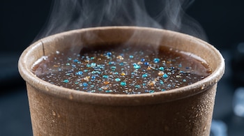 Vaso de papel con bebida caliente emitiendo vapor y diminutas partículas brillantes de colores sobre la superficie del líquido.