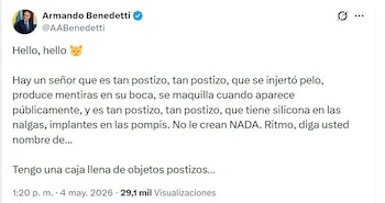 Armando Benedetti insistió en que se difunden mentiras sobre su papel en política en respuesta directa a Abelardo de la Espriella - crédito @AABenedetti/X