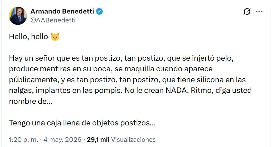 Armando Benedetti insistió en que se difunden mentiras sobre su papel en política en respuesta directa a Abelardo de la Espriella - crédito @AABenedetti/X