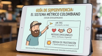 Una tableta sobre una mesa de madera muestra un gráfico con texto en español y la ilustración de un hombre señalando diferentes recuadros.