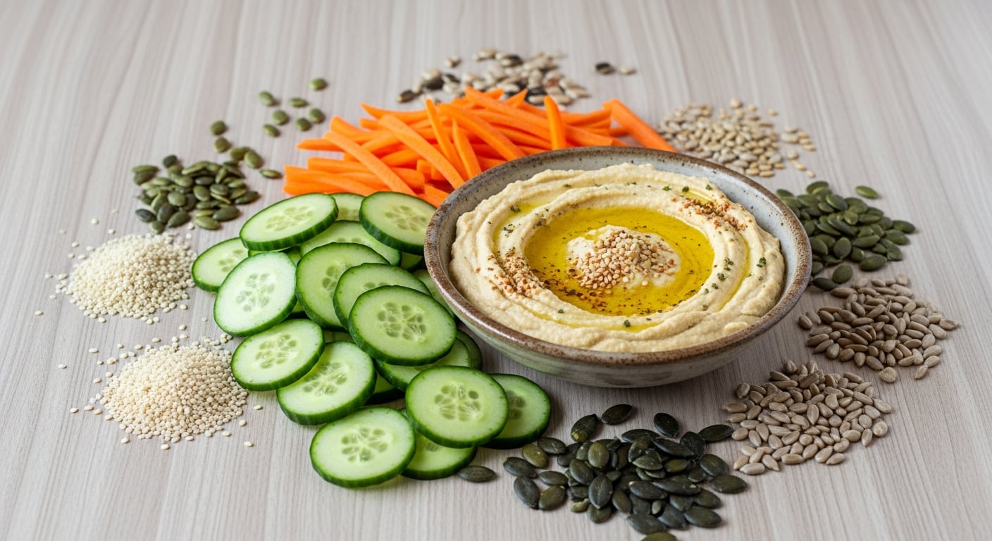 Un tazón de hummus cremoso con aceite de oliva y semillas, rodeado de pepino en rodajas, zanahoria en bastones y varias semillas sobre una superficie de madera clara, ideal para un snack saludable. (Imagen Ilustrativa Infobae)